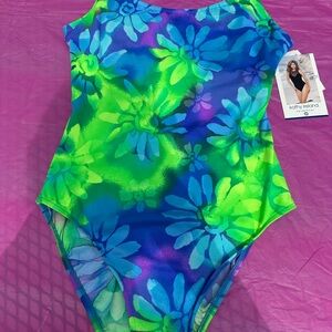 Kathy Ireland Women’s Blue and  Green One Piece Swimsuit Vibrant Floral Design